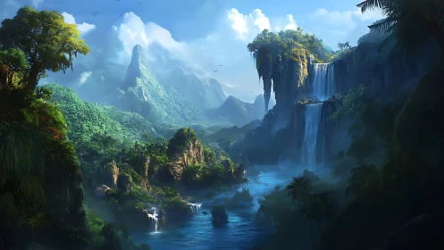 Cascading Waterfall Valley with Precipitous Mountain Peaks and Lush Canopy