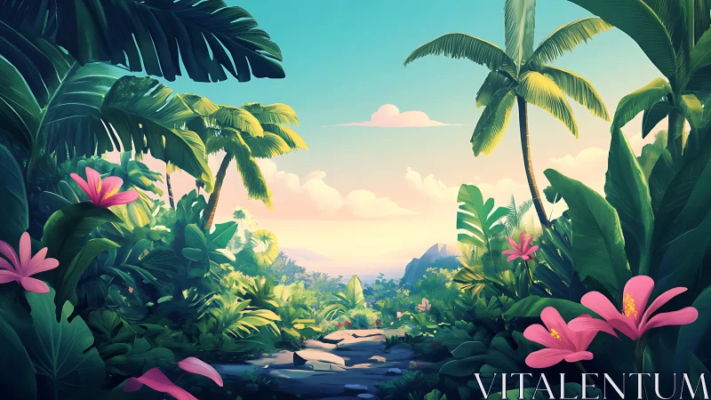 Sunlit jungle path opening gently toward a quiet sea.