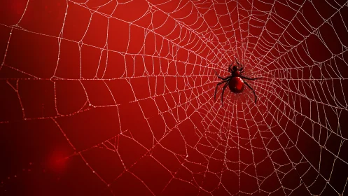 Crimson macro study of dewy orb-weaver web geometry.