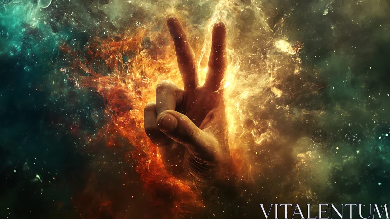 Cosmic peace hand ignites amid swirling fire and nebulae