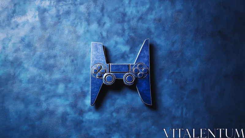 Futuristic game controller logo on textured blue wall.