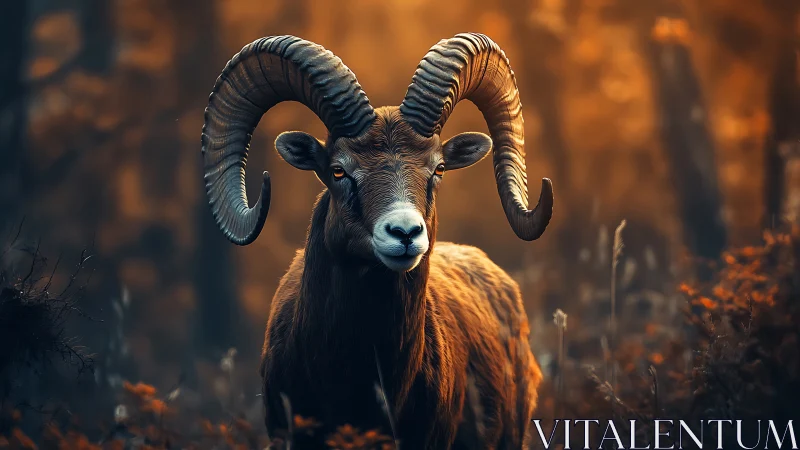 Proud forest ram stands calmly in warm golden twilight glow