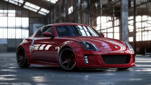 Crimson coupe prowls an empty warehouse like bottled lightning