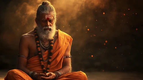 Photorealistic portrait of meditating sage in warm rim light.