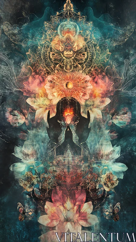 Symmetrical abstract figure with floral and cosmic motifs.