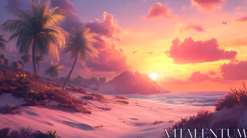 Hyperreal tropical shoreline at sunset with pastel sky glow