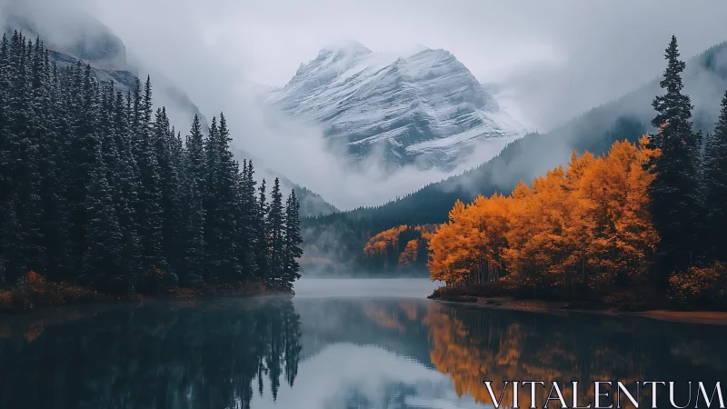 Snowy alpine peak above mirrored lake and autumn conifers