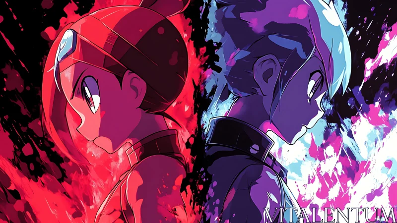 Rival flames collide as red and blue anime warriors face off.