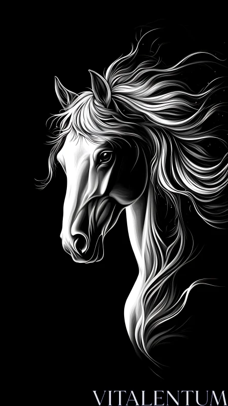 Monochrome stylized horse portrait on black background.