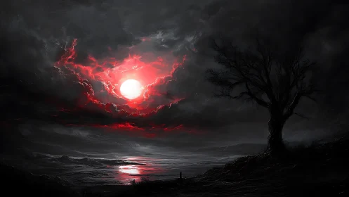 Red lunar disc over shoreline under dark storm clouds.