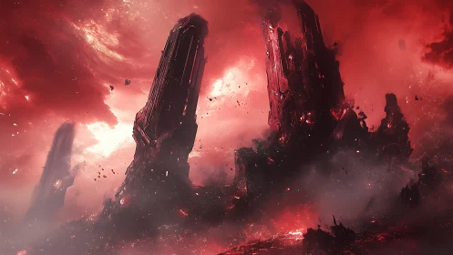 Crimson alien wasteland with towering fractured monoliths.