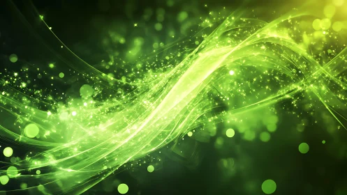 Luminous Green Abstract Waves with Sparkling Light Effects.