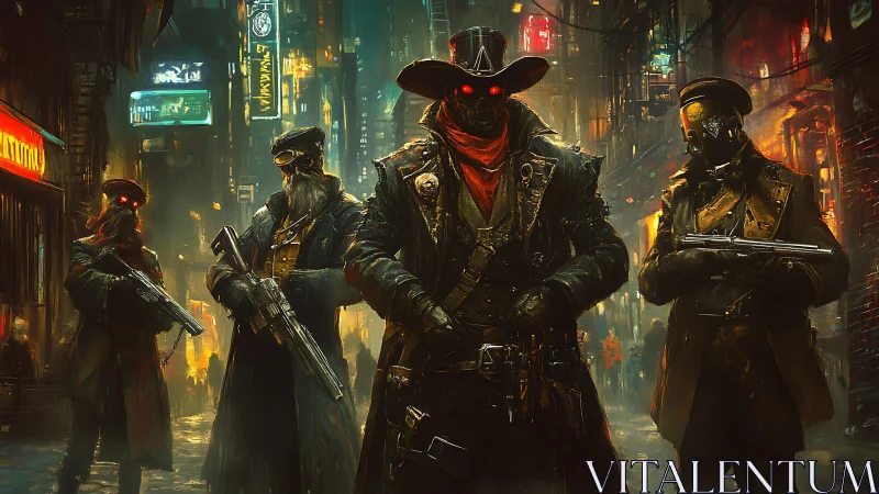 Cyberpunk gunslingers stalk neon alley with burning eyes.
