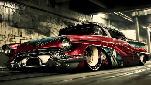 Custom lowrider classic car underpass scene at night.