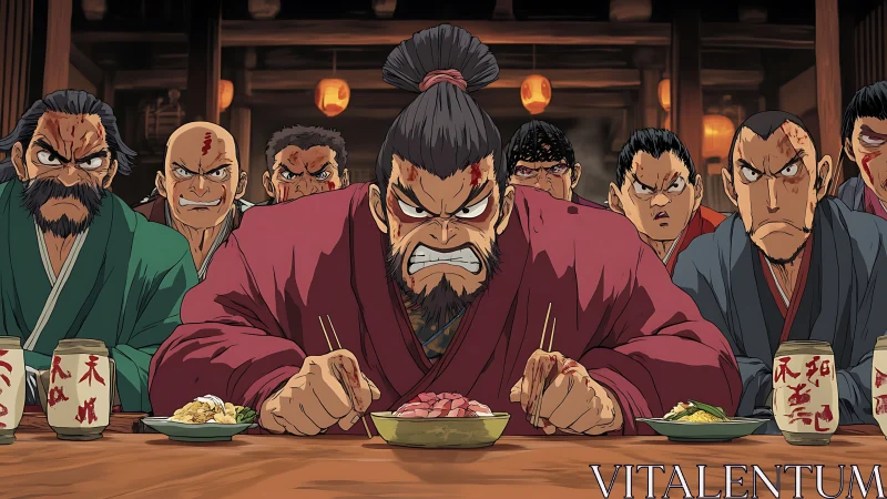 Anime samurai banquet confrontation in dynamic frontal focus.