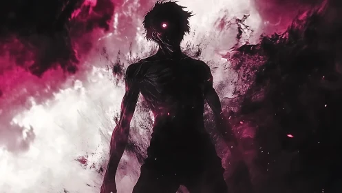 Shadowed humanoid emerges amid violent crimson energy.