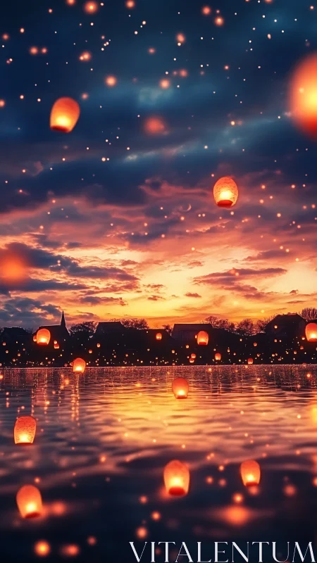 Lantern-lit river drifts beneath a dream-heavy ember sky.
