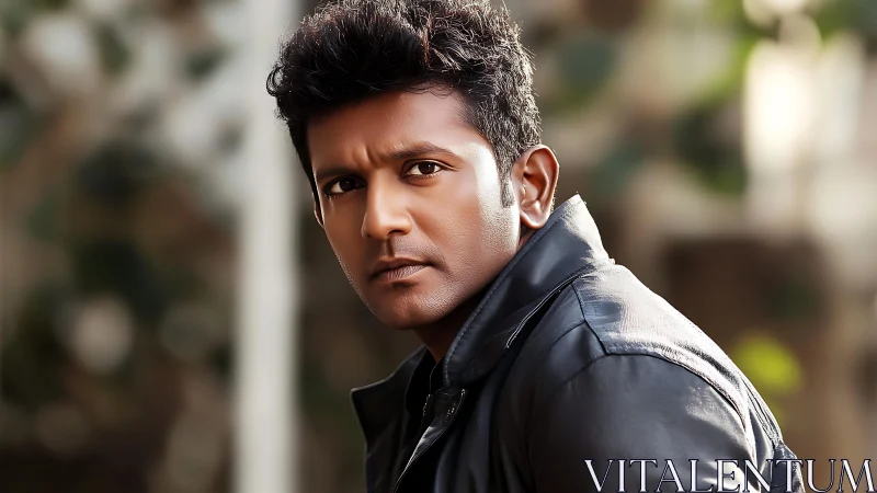 Thoughtful man in leather jacket against soft outdoor bokeh.