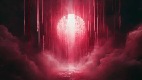 Radiant crimson portal dissolves into stratified fog veil