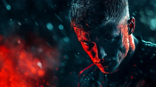 Warrior’s face glows in neon rain with fierce resolve.