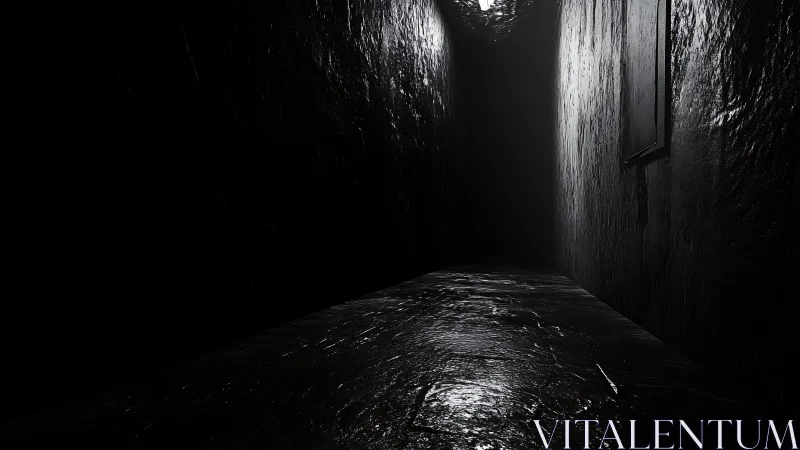Narrow wet corridor recedes into darkness under harsh light
