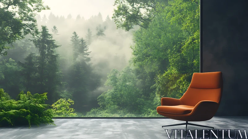 Modern Lounge Chair Overlooking Misty Forest Landscape.