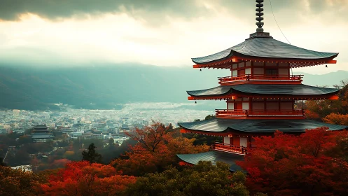 Tiered pagoda overlooking urban valley with autumn foliage.