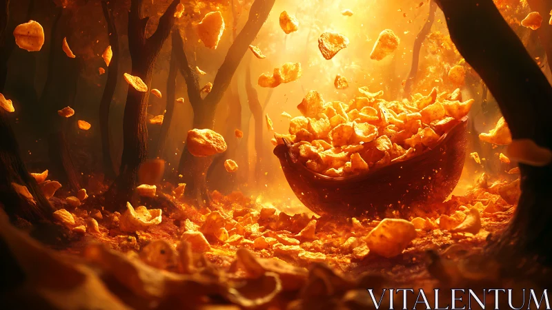 Golden snack chips vortex swirling through glowing forest grove