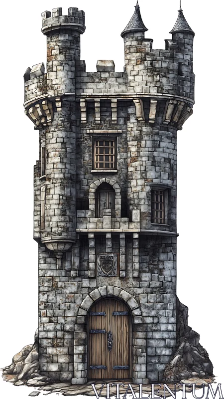 Medieval stone watchtower rises over rocky fortified base