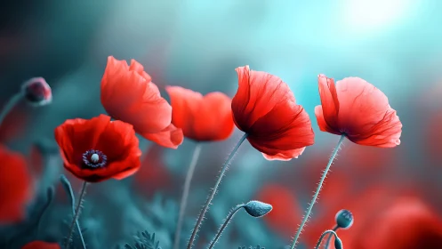 Red poppy flowers in soft blue bokeh garden light scene.