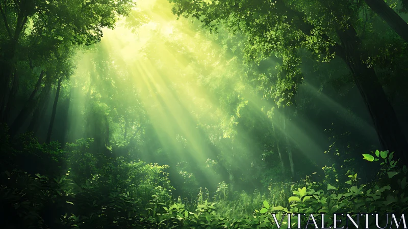 Sunlight penetrates dense green forest canopy in bright beams