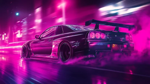 Neon sports car drifts through vaporous cyberpunk city night