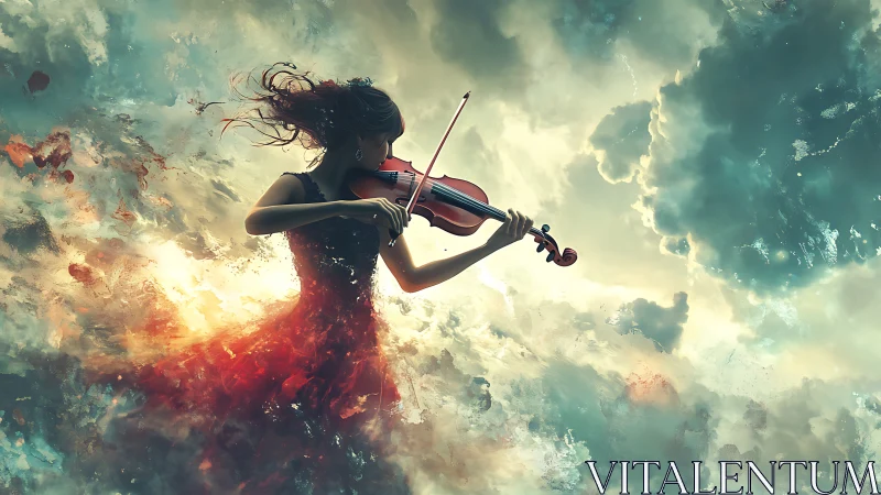 Violinist in swirling clouds and fire-toned abstract sky.