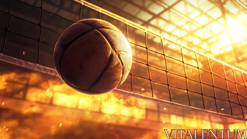 Fiery volleyball moment soaring across a sunlit court.
