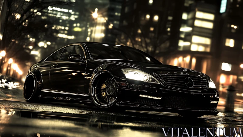 Midnight luxury coupe prowls through rainlit neon streets.
