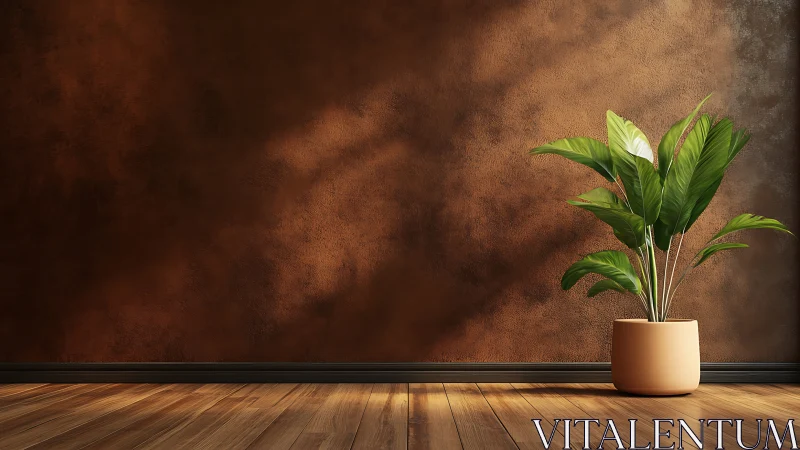Potted green plant stands against textured brown wall