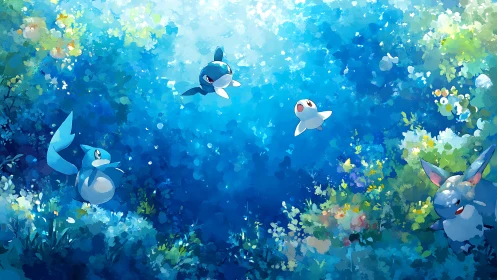 Playful creatures drift through luminous blue forest.