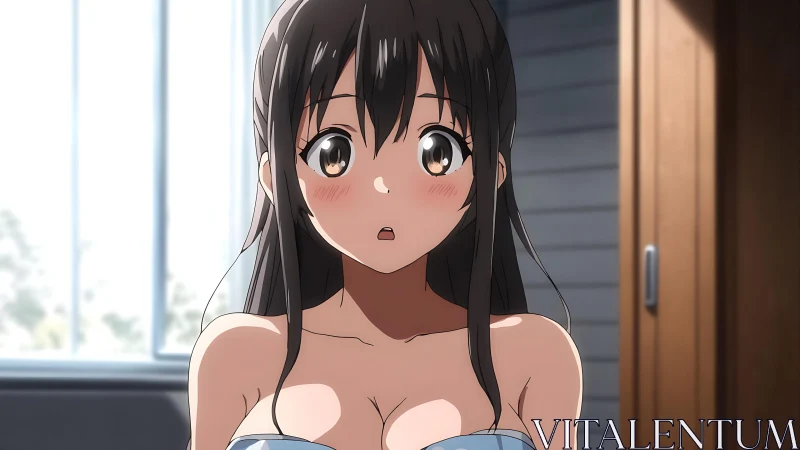 Surprised anime girl in soft indoor light close-up portrait.