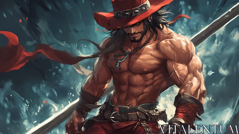 Muscular anime swordsman in red hat stands amid swirling energy