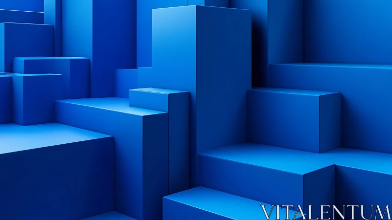Geometric blue blocks form minimalist 3D abstract steps.