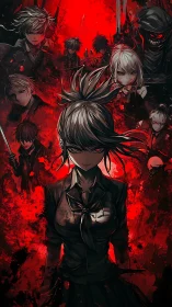 Central anime combatant framed by blood‑red high contrast aura