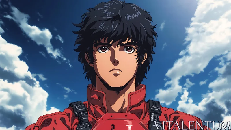 Serious anime pilot in red suit under bright sky.