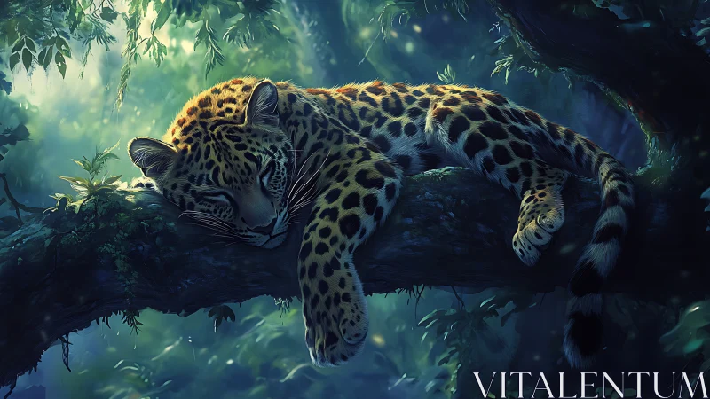 Spotted Dreamer: Leopard Draped in Emerald Twilight.