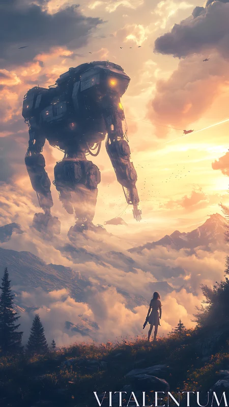 Girl confronts towering sci fi mech in glowing mountain sky.