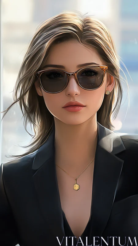 Woman in dark blazer and sunglasses faces camera directly