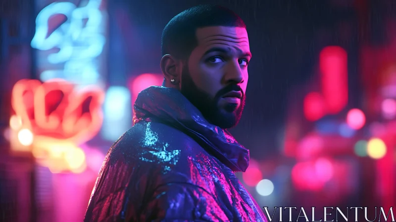 Neon-soaked night wanderer in shimmering urban rain glow.