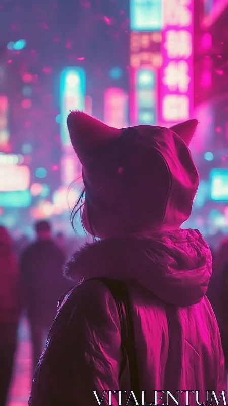 Hooded figure with cat ears in neon city nightscape.
