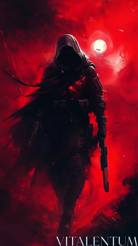 Hooded gunfighter advances through crimson nebular haze