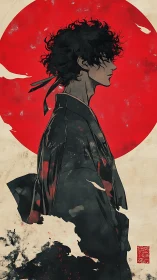 Stylized samurai profile against abstract red sun circle.