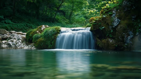 Soft waterfall hushes the forest into emerald stillness